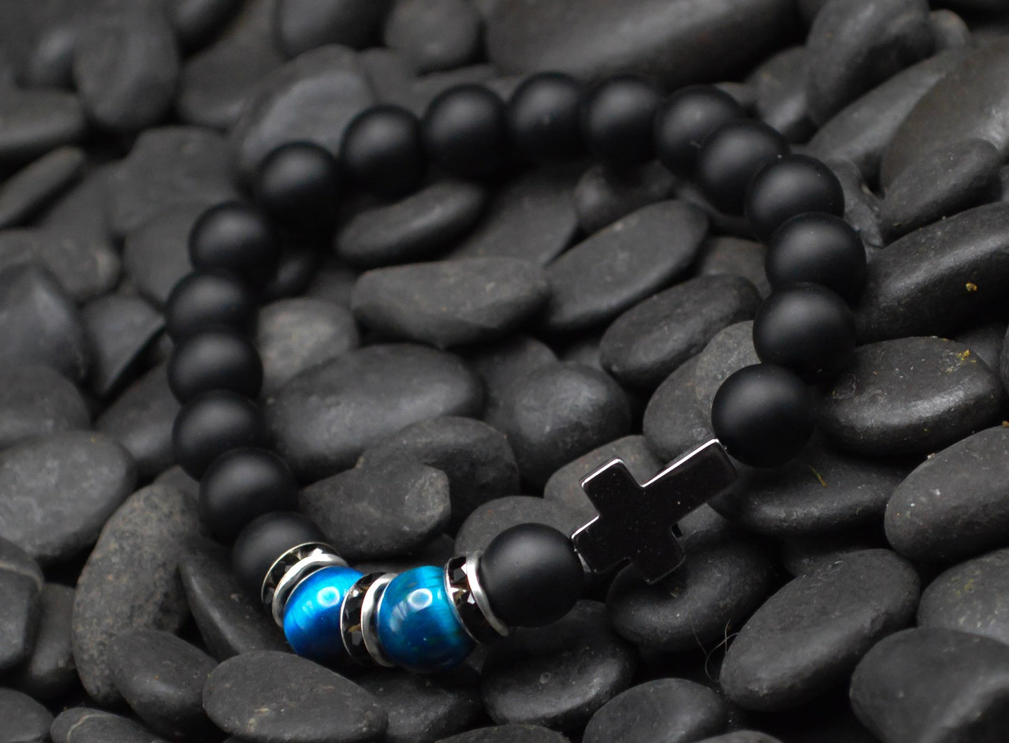 Bracelet-Eden Merry-Black Bead/Tiger Eye-Cross