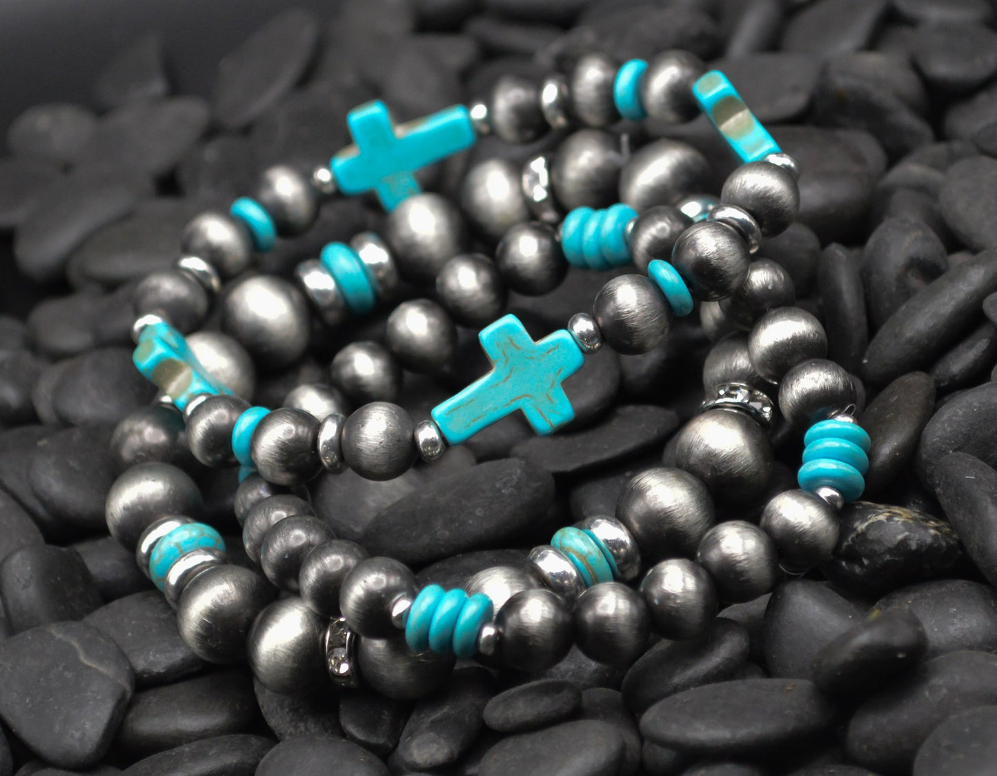 Bracelet-Eden Merry-Three Strand-Turquoise/Grey-Cross