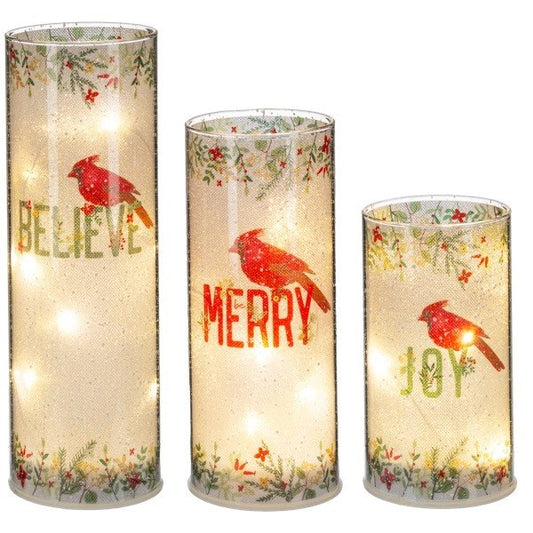 Home Decor-LED Light Up Botanical Cardinal Pillar Set (Set Of 3)