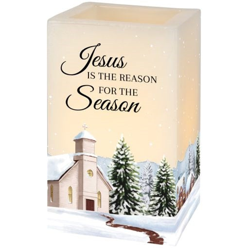 Candle-Square w/Moving Wick-Jesus Is The Reason LED W/Timer-Vanilla (5" X 3") (Pack Of 4)