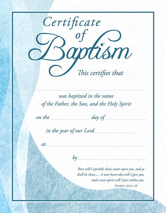 Certificate-Certificate Of Baptism (Premium Stock  Blue Foil Embossed) (Ezekiel 36:25-26) (Pack Of 6)