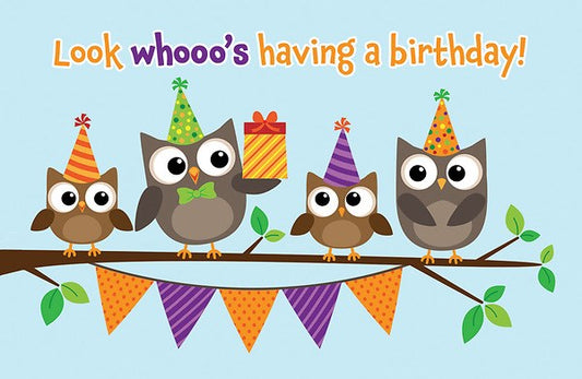 Postcard-Look Whooo's Having A Birthday (Philippians 4:4) (Pack Of 25)