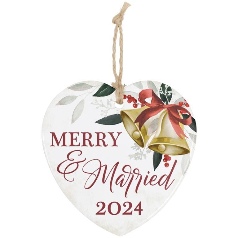 Ornament-Stoneware Heart-Merry & Married (4") (Pack Of 6)