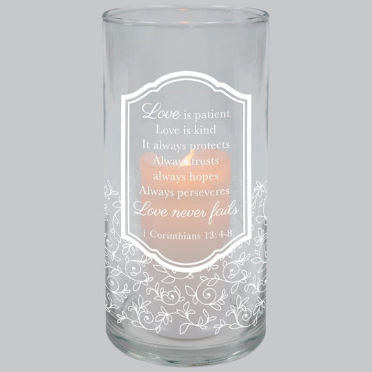 Hurricane Candle-Flameless Flicker-Love Is Patient w/ Timer (7.25" x 3.5")