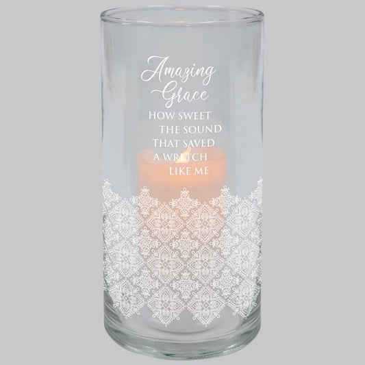 Hurricane Candle-Flameless Flicker-Amazing Grace w/ Timer (7.25" x 3.5")