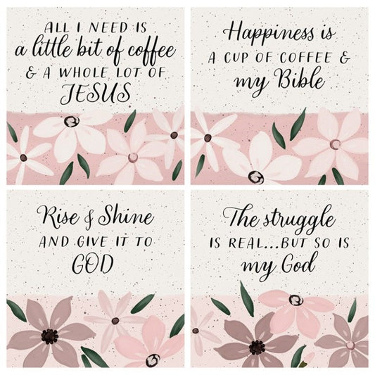 Square House Coasters-Religious Pink Floral (Set Of 4) (4")