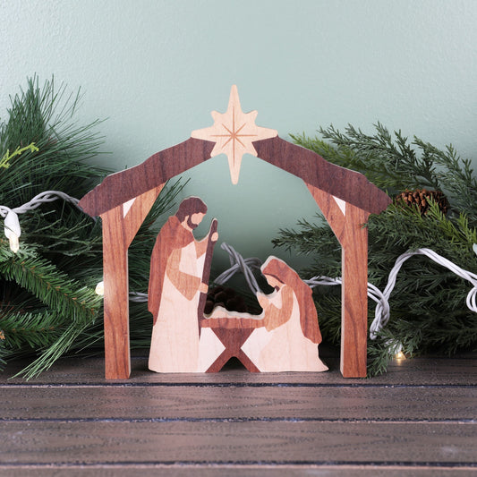 Nativity Set-Mary  Joseph Jesus & Stable (2 Piece Set) (8"W x 7.5"H)