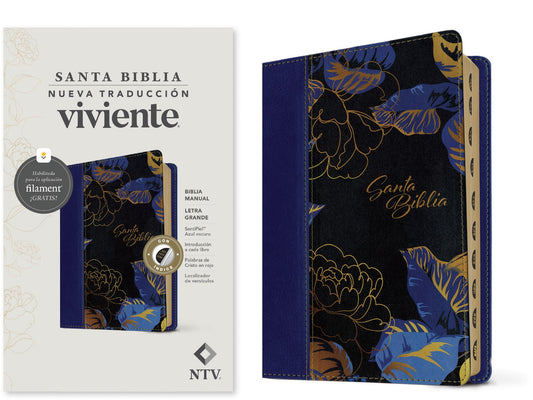 NTV Biblia Manual Letra Grande con Filament (NLT Handy Size Large Print  Filament-Enabled)-Dark Blue LeatherLike Indexed