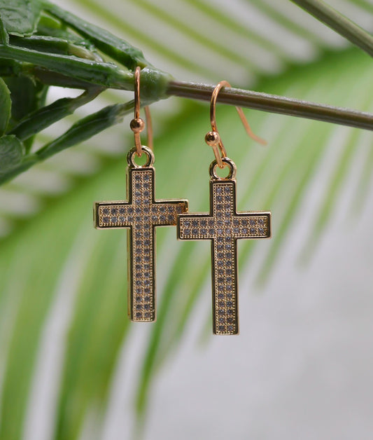 Earrings-Eden Merry-French Hook-Crystal Cross-Gold