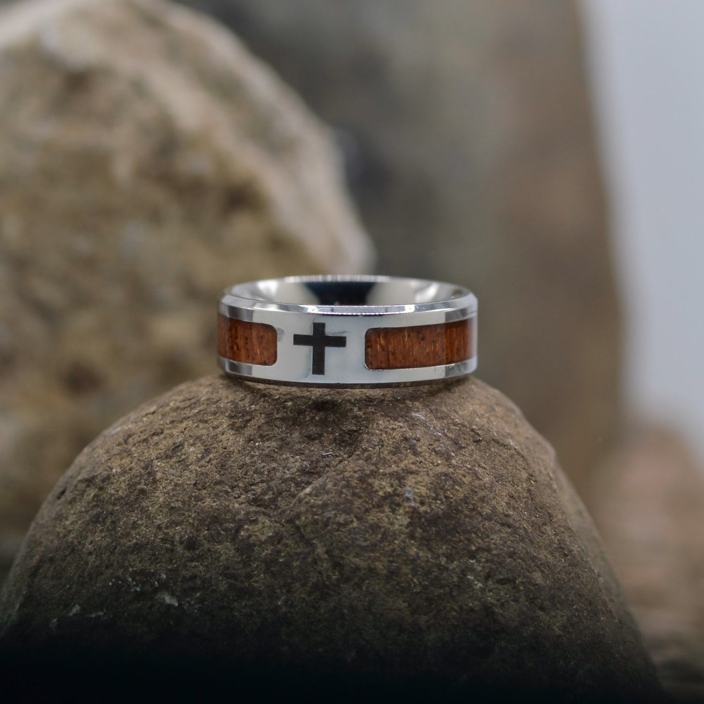 Ring-Eden Merry-Wood/Cross-Stainless Steel (Size 9)