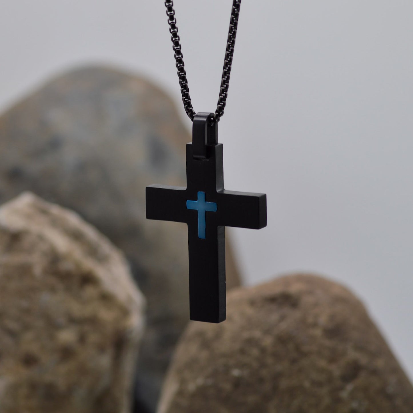 Necklace-Eden Merry-Cross-Black/Blue-Stainless Steel