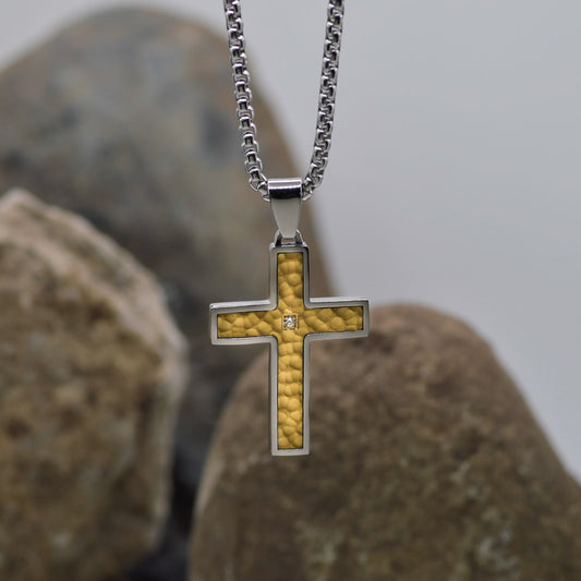 Necklace-Eden Merry-Cross-Gold Textured-Stainless Steel