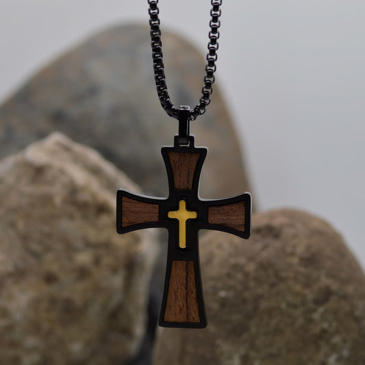 Necklace-Eden Merry-Cross-Wood/Black-Stainless Steel