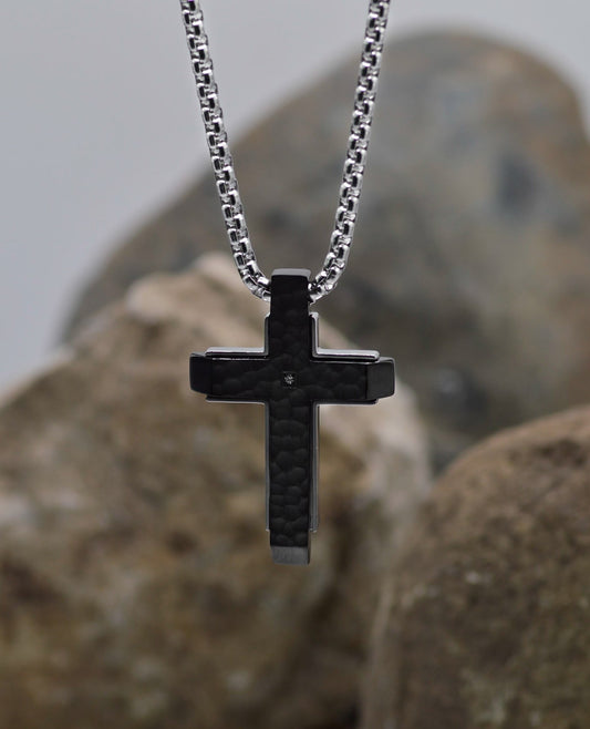 Necklace-Eden Merry-Cross-Black Textured-Stainless Steel