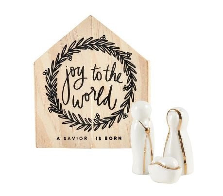 Ceramic Nativity Figurines In Wood Manger Box (Set Of 4) (2.75"W x 3"H-Box)