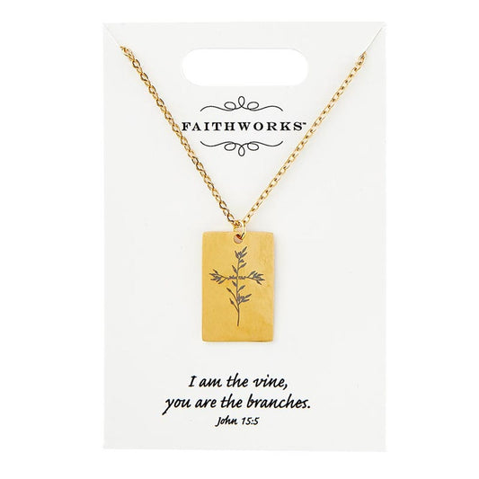 Necklace-Rectangle-I Am The Vine...-Gold Plated (John 15:5) (15" w/ 2" Extender)