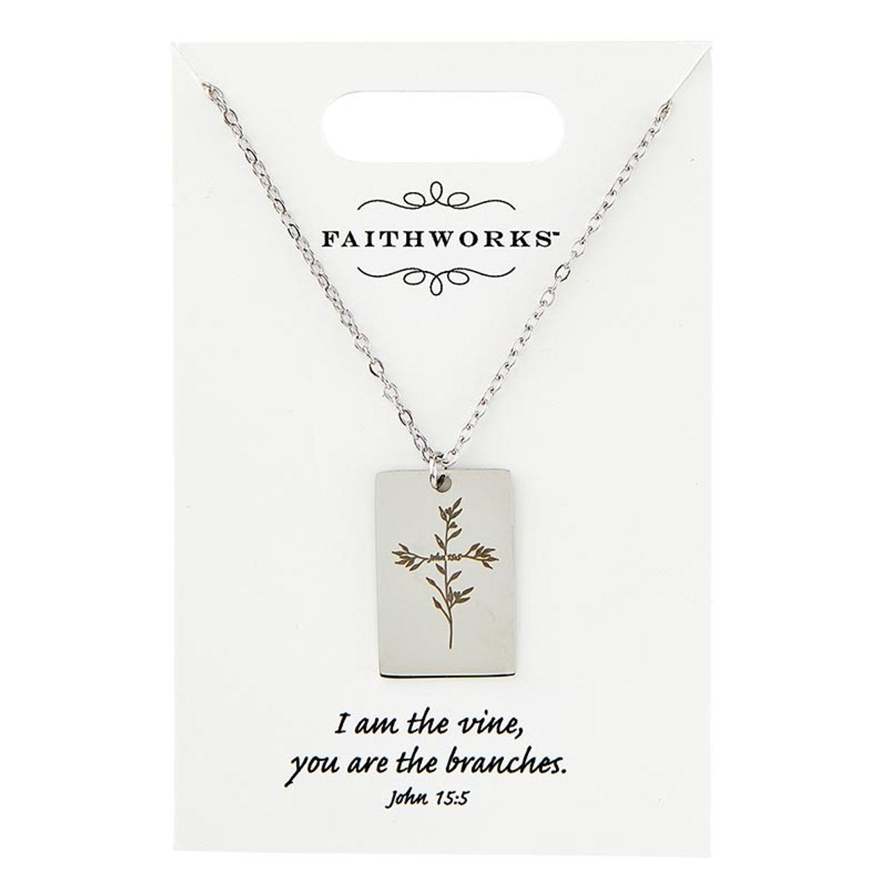 Necklace-Rectangle-I Am The Vine...-Silver Plated (John 15:5) (15" w/ 2" Extender)