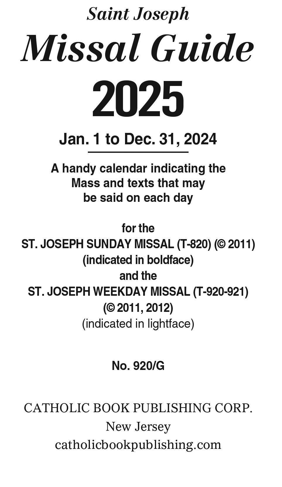 Saint Joseph Missal Guide 2025 (#920/G)