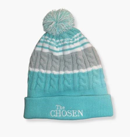 Beanie-The Chosen w/Pom Pom-Teal/Gray Striped