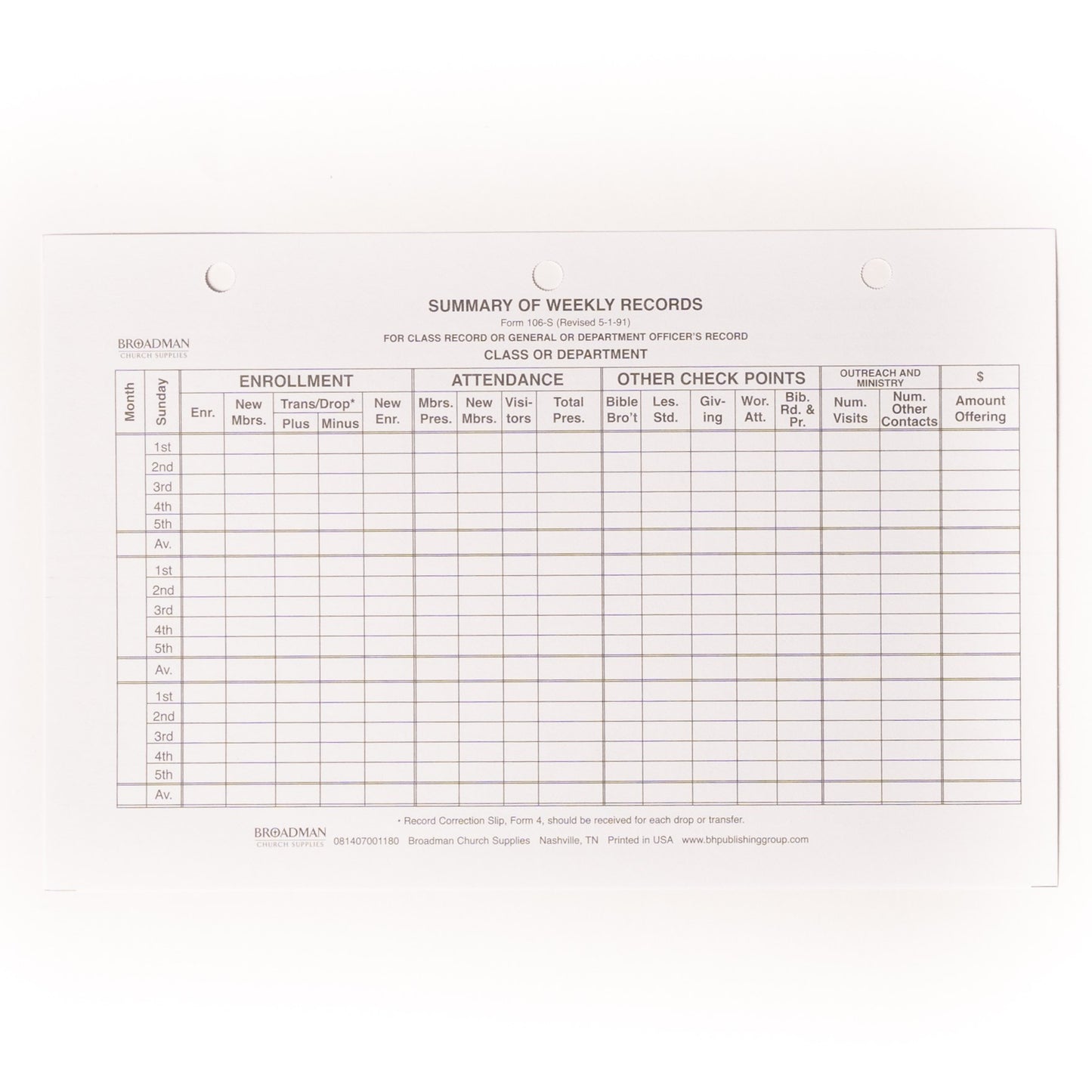 Form-Sunday School Weekly Records Summary (3-Hole Punched) (Form 106-S (Pack Of 100)