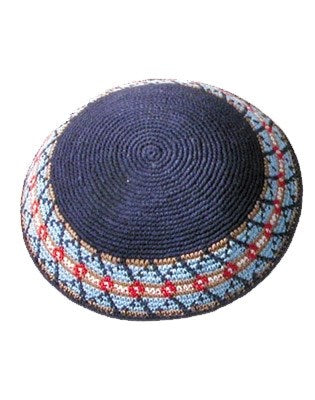 Kippah-Crocheted-Blue W/Multicolor Trim (#33132)