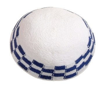 Kippah-Crocheted-White w/Blue Or Black Trim (#33134)