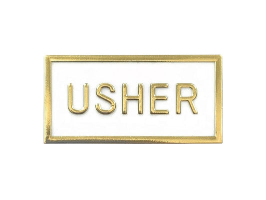 Badge-Usher-Pin Back-White/Gold (1 x 2) (Pack Of 24)