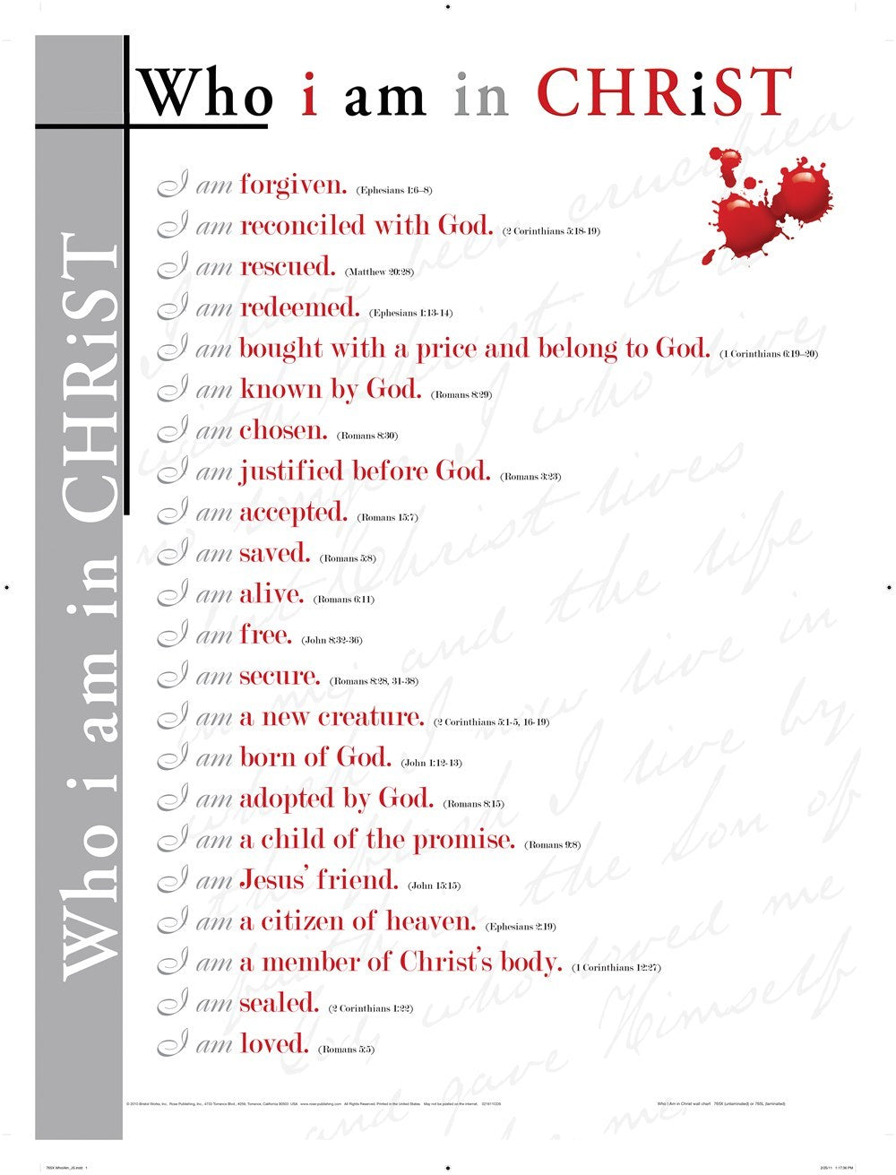 Chart-Who I Am In Christ Wall (Laminated Sheet) (19" x 26")