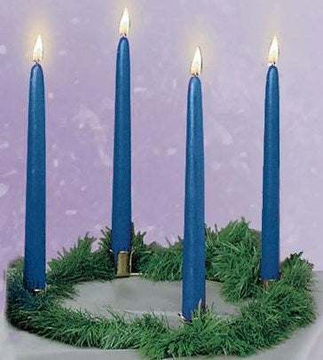 Candle-Advent Wreath Set-w/Gold Finish Ring & Greens-4 Blue (10" x 7/8" Tapers) (#434-04)