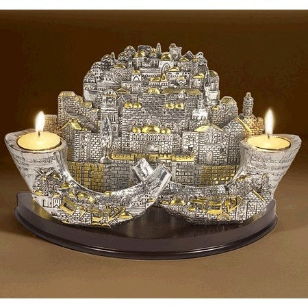 Candle Holder-Two Shofars & Jerusalem City-Silverplated (#43134)