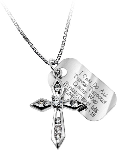 Necklace-CZ Big Makaira Cross-All Things (Phil 4:13) (18")