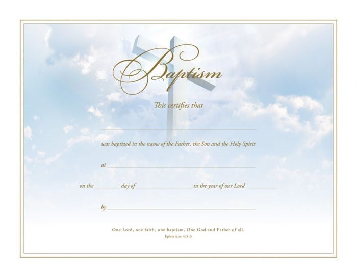 Certificate-Baptism/Cross (Ephesians 4: 5-6) (Gold Foil Embossed  Premium Stock) (Pack Of 6)