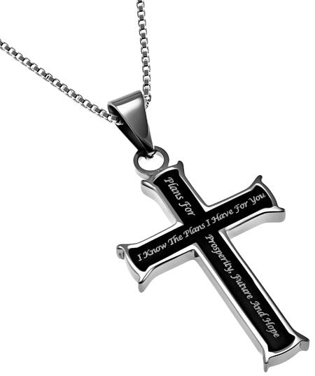 Necklace-Black Cross-I Know The Plans (Jer 29:11) (18")