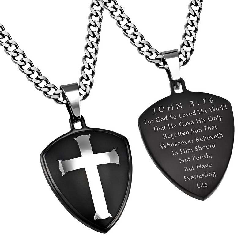 Necklace-Black R2 Shield Cross (John 3:16) (24" Ball Chain)