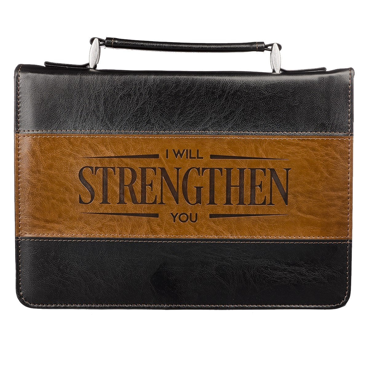 Bible Cover-I Will Strengthen You (Isaiah 41:10)-Black/Brown Faux Leather Classic-Medium