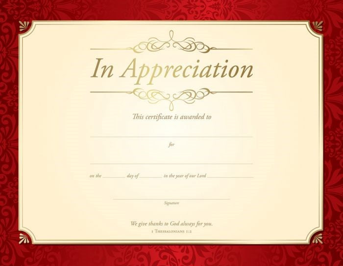 Certificate-Appreciation (1 Thessalonians 1:2) (Gold Foil Embossed  Premium Stock) (Pack Of 6)