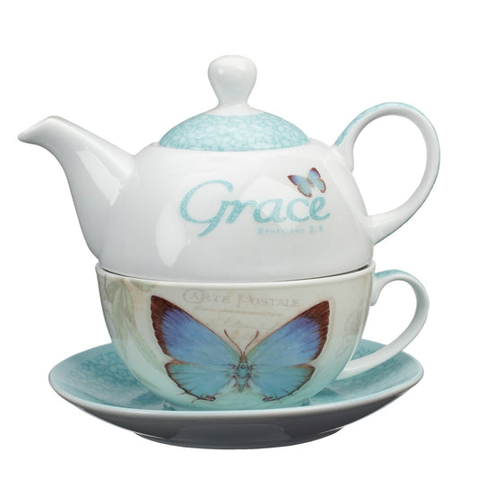 Tea Set-Tea For One/Butterfly Blessings/Grace w/Gift Box