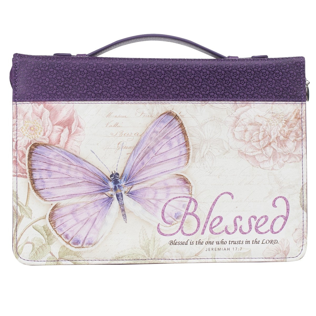 Bible Cover-Blessed (Jeremiah 17:7)-Purple Butterfly Blessings Faux Leather Fashion-Large