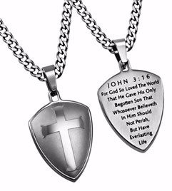 Necklace-Silver R2 Shield Cross (John 3:16) (20" Chain)