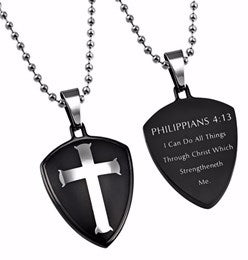 Necklace-Black R2 Shield Cross-Christ My Strength (Mens)-24" Ball Chain