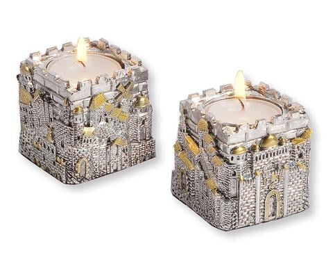 Candle Holder-Jerusalem City Cubic-Silver-Plated Polyresin (Pack Of 2) (#43137)