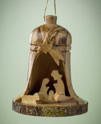 Ornament-Olive Wood-Holy Family In Bell (2.5")