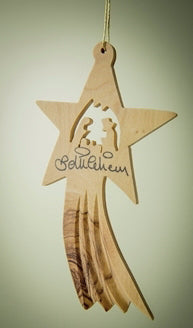 Ornament-Olive Wood-Holy Family In Shooting Star (3.5")