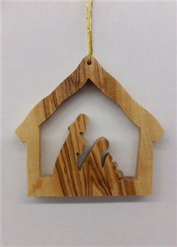 Ornament-Olive Wood-Stable With Nativity (2")