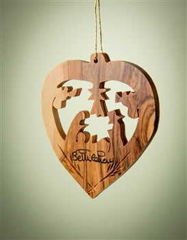 Ornament-Olive Wood-Heart With Nativity (2.5")