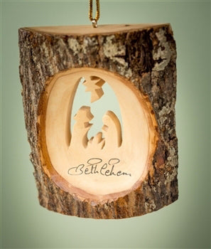 Ornament-Olive Wood-Bark With Nativity Scene (4")