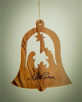 Ornament-Olive Wood-Bell With Nativity (3")