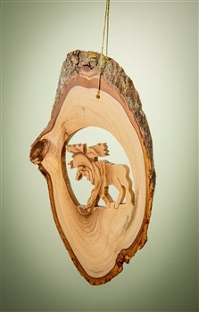 Ornament-Olive Wood-Bark Slice With Moose (4" To 6")