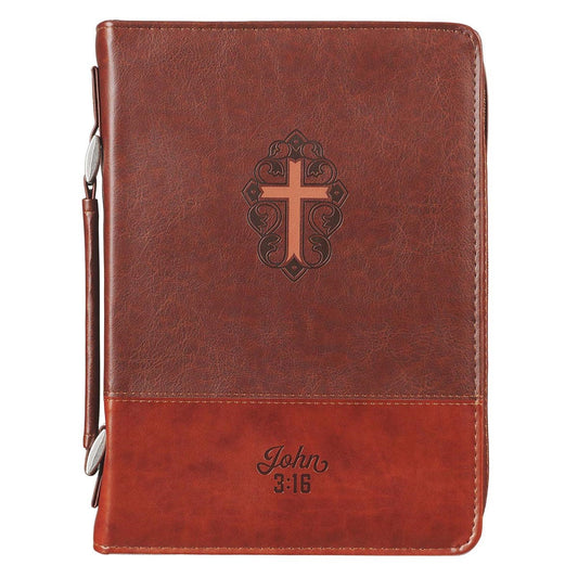 Bible Cover-Cross/John 3:16-Two-Tone Brown Faux Leather-Large