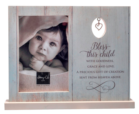 Photo Frame-Bless This Child w/Heart Charm (Holds 4 x 6 Photo)